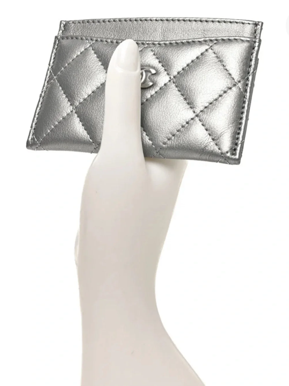 CHANEL Metallic Silver Quilted Card Holder with CC Logo